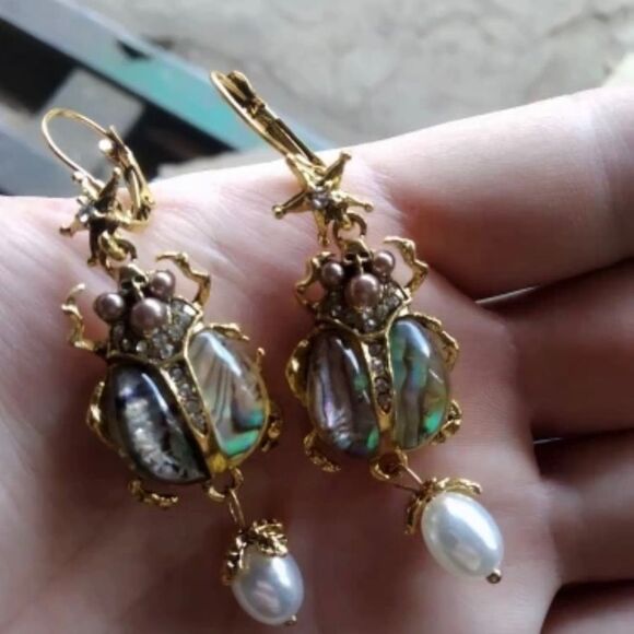 Beetle Dangle Earrings Abalone Dangle Earrings - Picture 7 of 8